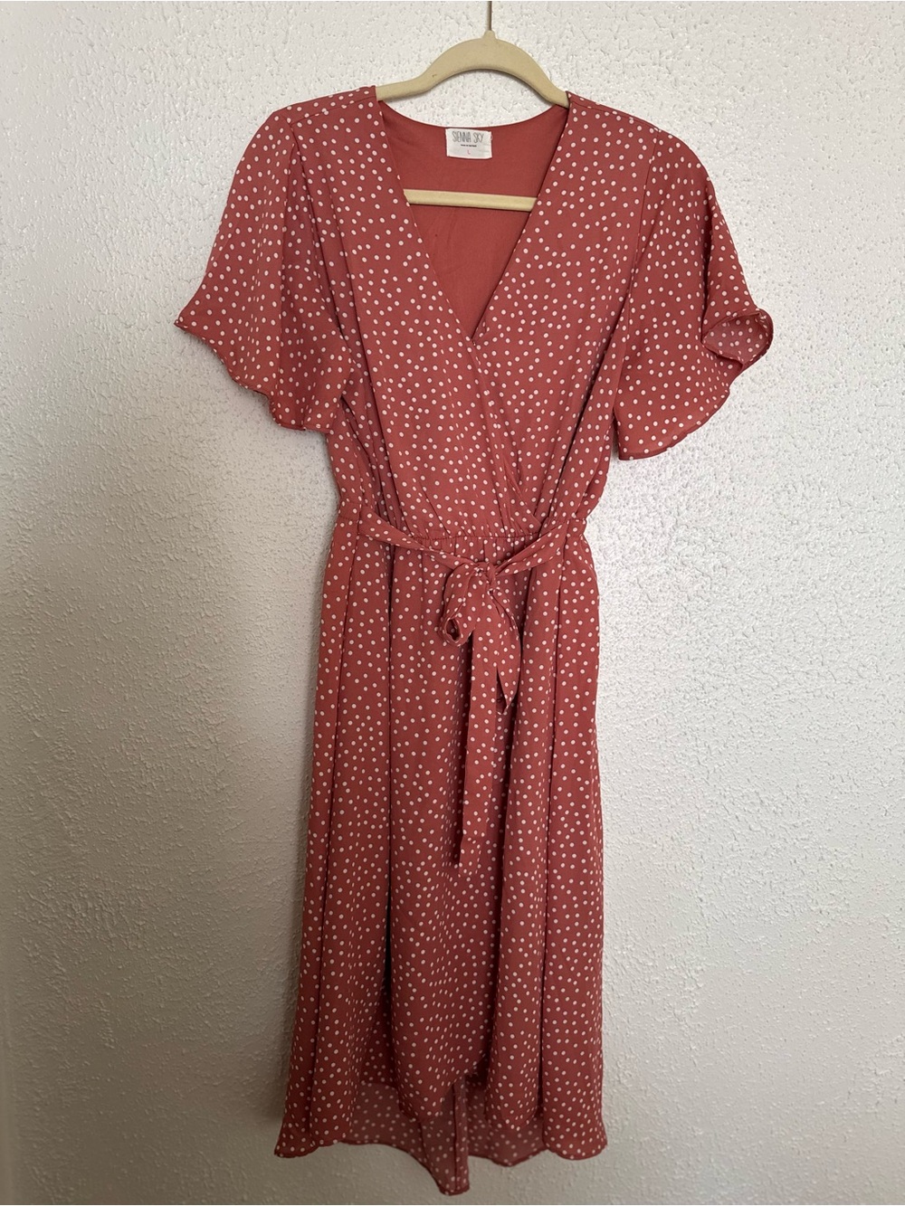 Polka Dot Faux Wrap Midi Dress